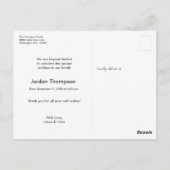 名前モダン垂直ベビー写真誕生ありがとう ポストカード (裏面)