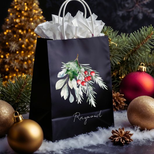 名前モダン水の色のスクリプトメリークリスマス ミディアムペーパーバッグ