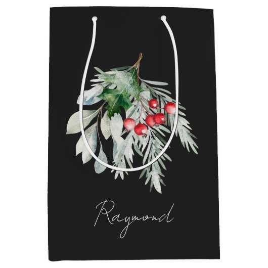 名前モダン水の色のスクリプトメリークリスマス ミディアムペーパーバッグ (正面)