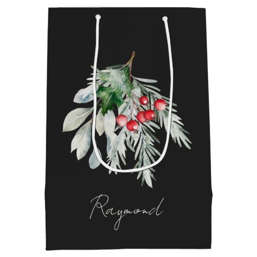 名前モダン水の色のスクリプトメリークリスマス ミディアムペーパーバッグ (裏面)