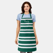 名前モダン緑パタストライプのーン エプロン (着用した状態)