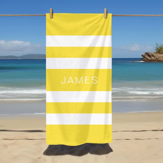 名前モダン黄色のプストライプのール ビーチタオル