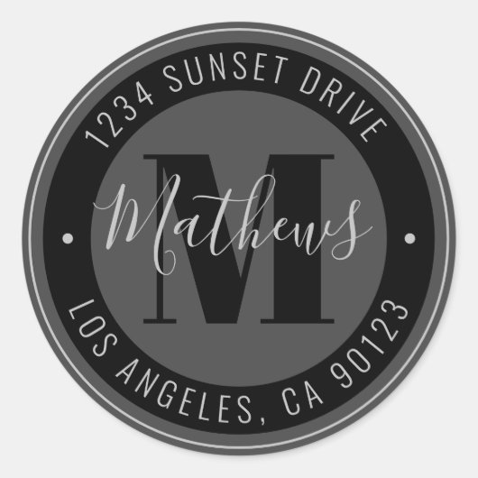 名前モノグラムのと循環文字 |グレーと黒 ラウンドシール (正面)