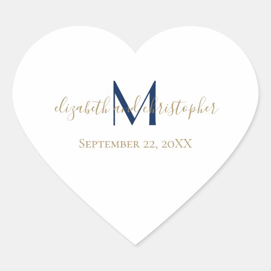 名前モノグラムのイニシャルブルー金ゴールド結婚ズ ハートシール (正面)