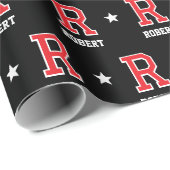 名前モノグラムのスターレッドブラックカスタム ラッピングペーパー (ロールコーナー)