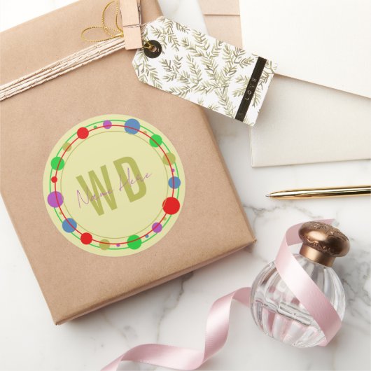 名前モノグラムの円カラフル黄パープル ラウンドシール (ギフト)