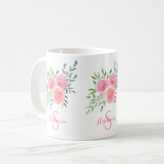 名前モノグラムフローラピンク コーヒーマグカップ (正面左)