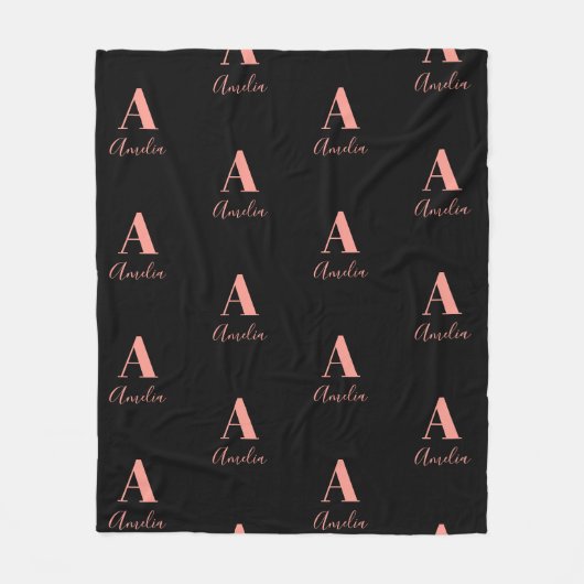名前モノグラムブラックバラ金ゴールド フリースブランケット (正面)