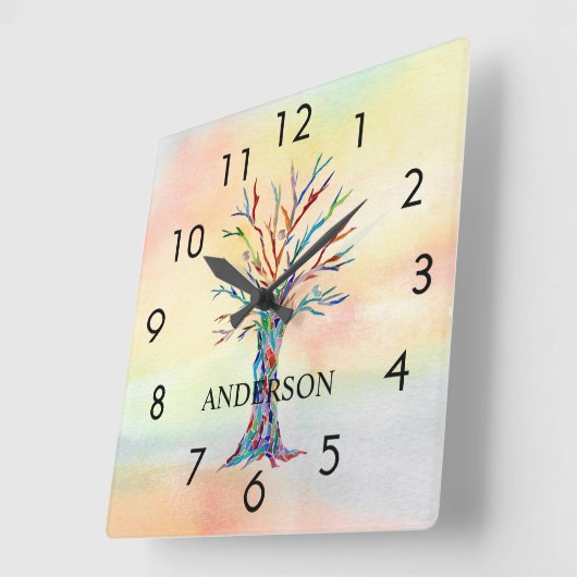 名前モノグラムレインボーツリースクエアウォールクロック スクエア壁時計 (傾斜)