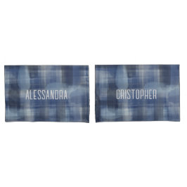 名前モノグラム海軍ブルーウォーターカラープレイドタータンチェック 枕カバー