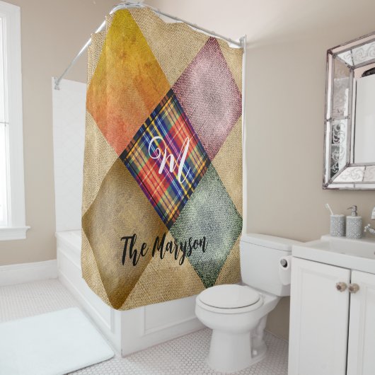 名前モノグラム素朴パッチされたPlaid Jute Burlap シャワーカーテン (インサイチュ)