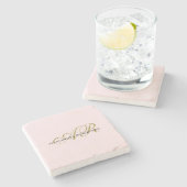 名前モノグラム赤面ピンク金ゴールドブラックエレガント ストーンコースター (横)