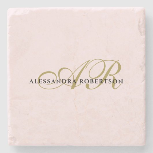 名前モノグラム赤面ピンク金ゴールドブラックエレガント ストーンコースター (正面)