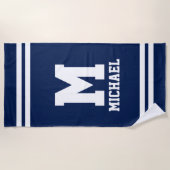 名前モノグラム（青と白）のパーソナライズストライプ ビーチタオル (正面)