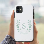 名前モノグラム iPhone 11 ケース<br><div class="desc">このシンプルと電話のケエレガントースはモノグラムと名飾前、緑の水色のに囲まれて葉いる。簡単にカスタマイズ可能オリジナル水彩©ミケーレ・デイヴィス。</div>
