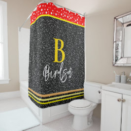 名前ユニークとモノグラム、赤モダン金ゴールドと黒 シャワーカーテン