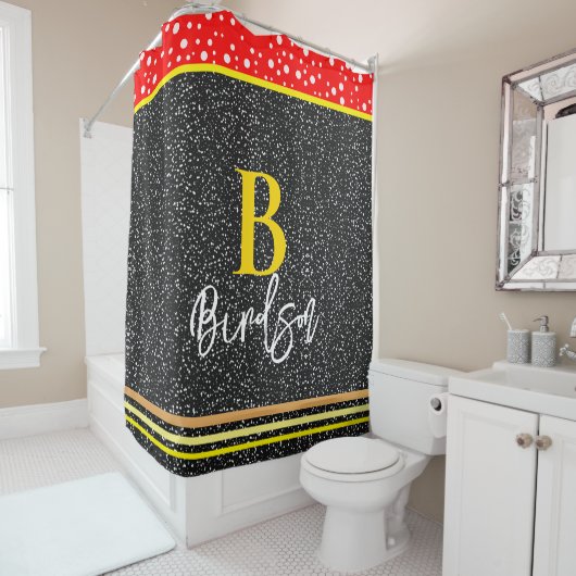 名前ユニークとモノグラム、赤モダン金ゴールドと黒 シャワーカーテン (インサイチュ)