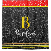 名前ユニークとモノグラム、赤モダン金ゴールドと黒 シャワーカーテン (正面)