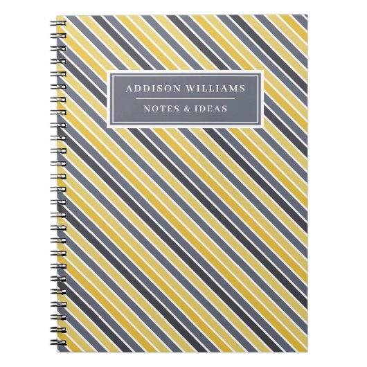 名前ユニークイエローグレイストライプカスタム ノートブック (正面)