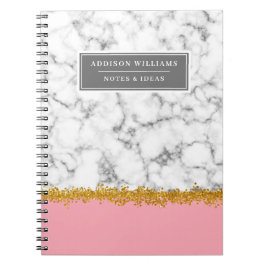 名前ユニークグレー大理石金ゴールドグリッター仕訳帳 ノートブック