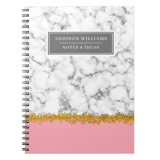 名前ユニークグレー大理石金ゴールドグリッター仕訳帳 ノートブック (正面)