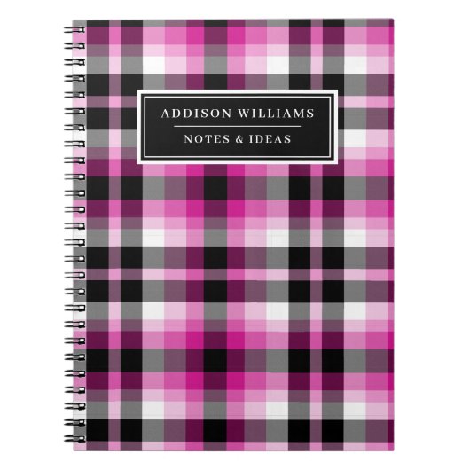 名前ユニークホットピンクブラックプレイドパターン ノートブック (正面)