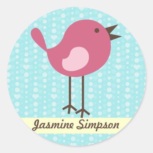 名前ラベル/ステッカーPink Bird – 青ハートデザイン ラウンドシール (正面)
