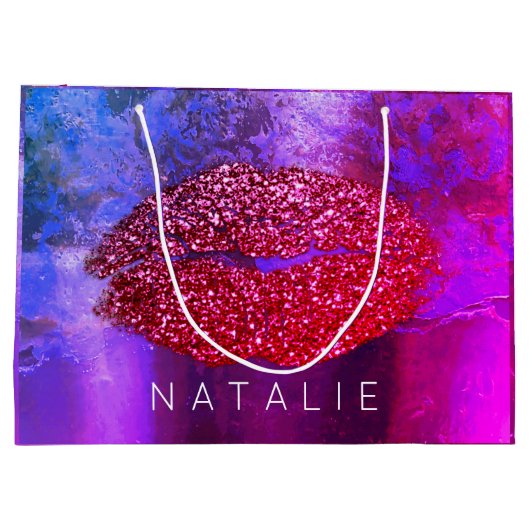 名前レッドキスリップマイアミPInkメイクアップグランジ ラージペーパーバッグ (裏面)