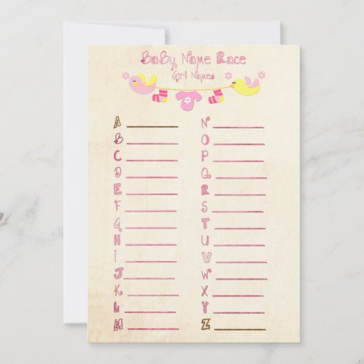 名前レースベビーシャワーゲームカード 招待状 (正面)