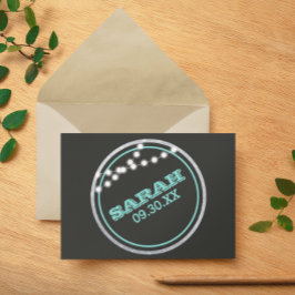 名前ロゴと日付Chalkboard Lightsティール（緑がかった色） ノートカード