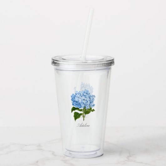 名前付きのクラシックブルーアジサイの花 アクリルタンブラー (裏面)