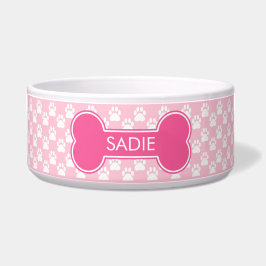 名前付きのピンクの犬の骨と足跡 ボウル