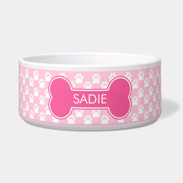 名前付きのピンクの犬の骨と足跡 ボウル (正面)