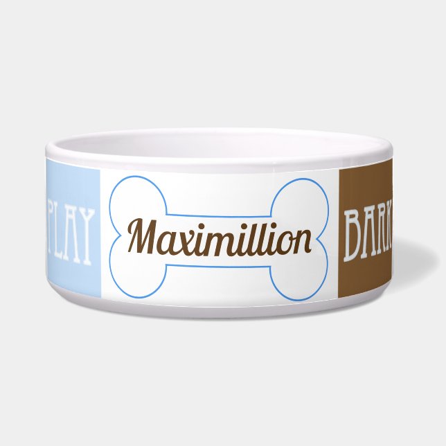 名前付きの青い緑市松模様にと茶色の正方形 ボウル (正面)