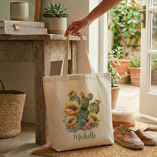名前付きの黄色の花を咲かせるサボテン トートバッグ