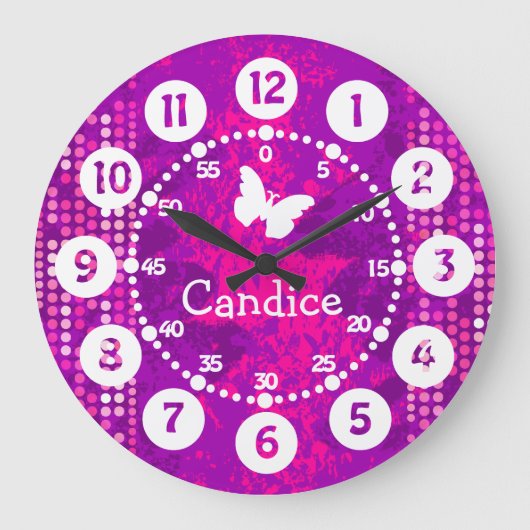 名前付きピンクの紫色のドットの簡単へ読 ラージ壁時計 (正面)