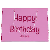 名前付きピンクの花の花束 バースデーカード ラージペーパーバッグ (正面)