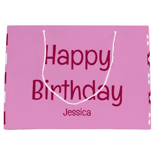 名前付きピンクの花の花束 バースデーカード ラージペーパーバッグ (正面)