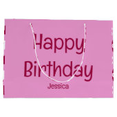 名前付きピンクの花の花束 バースデーカード ラージペーパーバッグ (裏面)