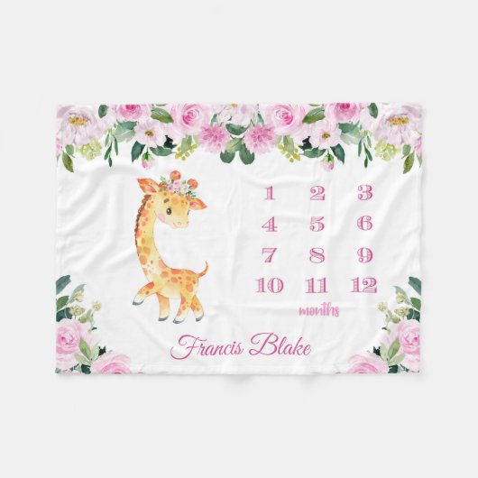 名前付きベビーガールキリンマイルストーンブランケット フリースブランケット (正面(横))