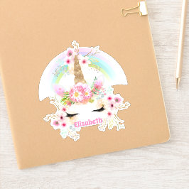 名前付きユニコーンピンク金ゴールド花女の子10代の贈り物 シール