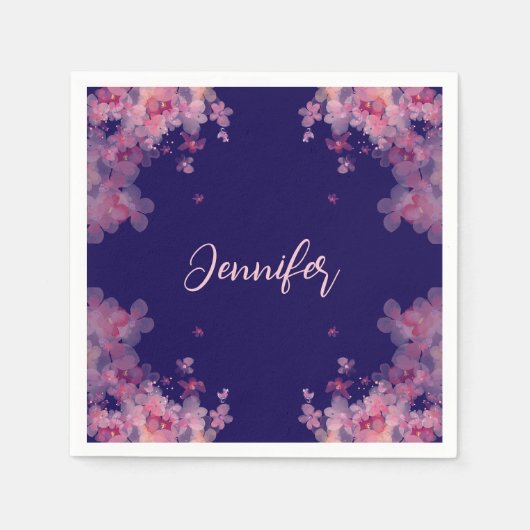 名前付き水色マグノリアフローラネイビーブルー スタンダードカクテルナプキン (正面)