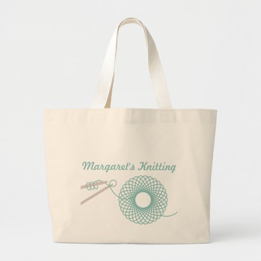 名前付き編み物の暗いティール（緑がかった色）バッグ ラージトートバッグ (正面)