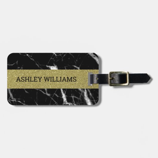 名前付き金ゴールドと黒い大理石 ラゲッジタグ (正面横)