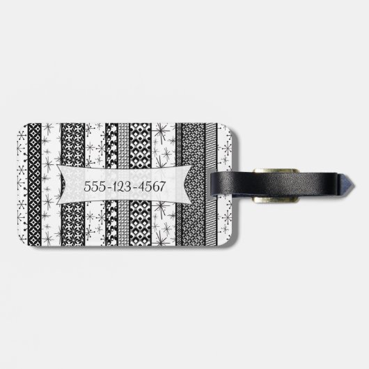 名前入りで黒く及び白いレトロパターンは1つを縞で飾ります ラゲッジタグ (裏面横)