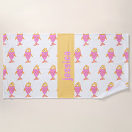 名前入りなかわいいピンク及びオレンジ魚 ビーチタオル