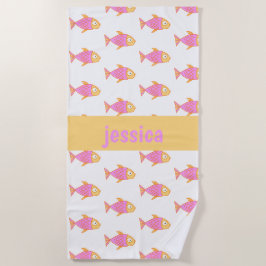名前入りなかわいいピンク及びオレンジ魚 ビーチタオル