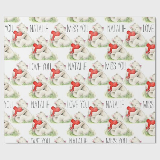 名前入りなくまのハートの水彩画の芸術を恋しく思って下さい ラッピングペーパー (フラット)