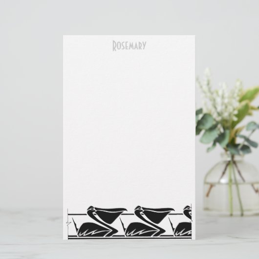 名前入りなアールデコのペリカンの文房具 便箋 (スタンド正面)