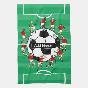 名前入りなサッカーボールおよびプレーヤー キッチンタオル